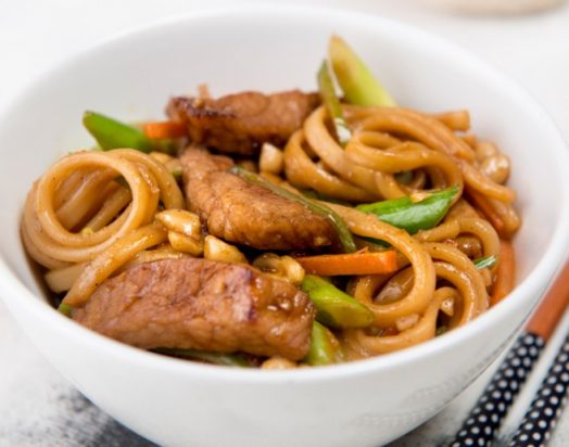 Sticky Pork and Vegetable Stir-Fry with Udon Noodles